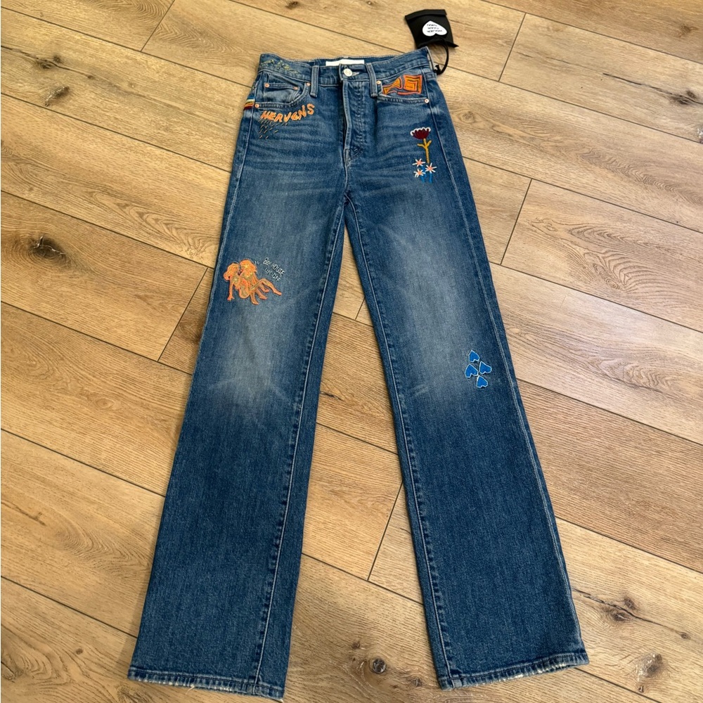 MOTHER Blue Straight Leg Jeans with Embroidered Accents